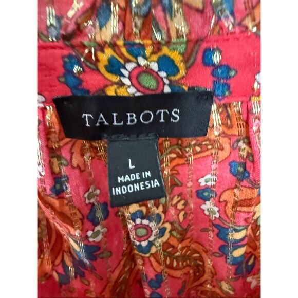 Talbots Ruffle Neck Boho Metallic Floral Lattice Peasant Blouse Size L Long Slee - Picture 2 of 5